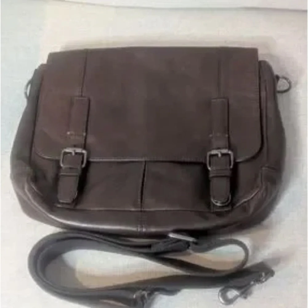 Men's Dark Brown Leather Messenger Satchel with Buckle Accents